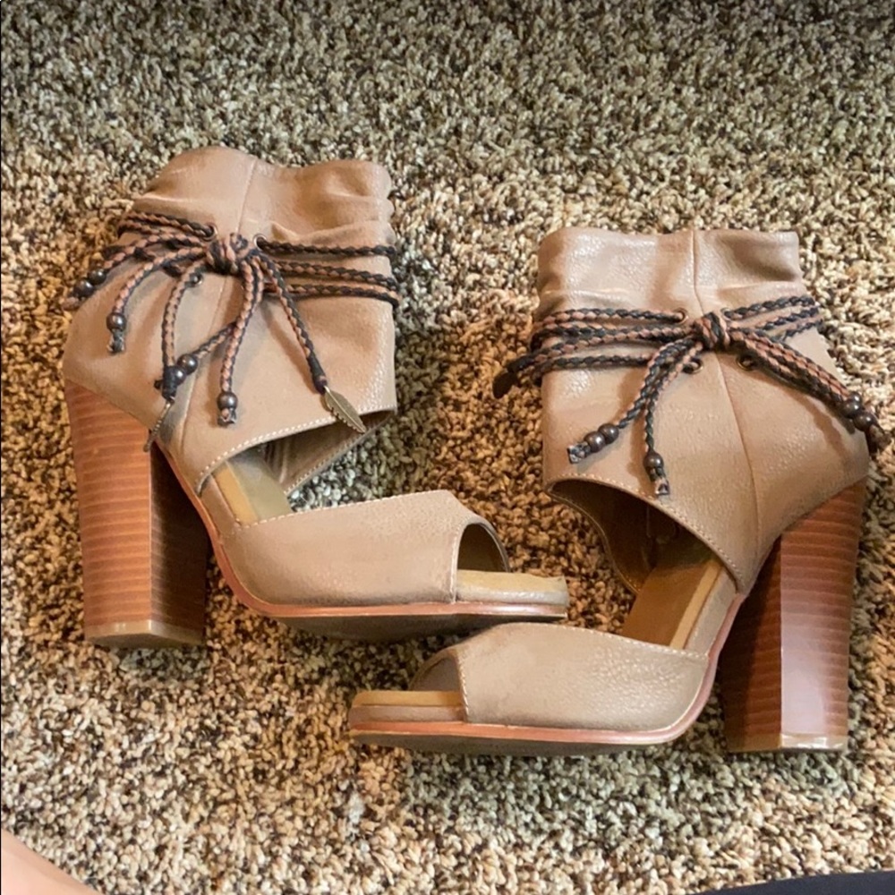 Brown Tassel Open Toe Heels